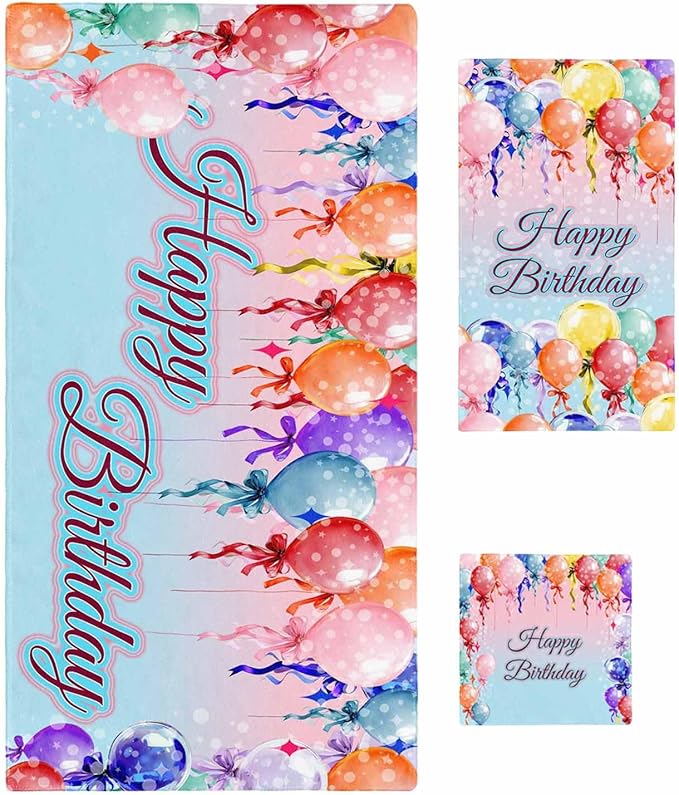 Happy Birthday Bath Towels Set of 3 for Bathroom,Soft Absorbent Shower Beach Hand Face Hair Yoga Workout Gym Towel Dish Wahcloth,Colorful Balloons Bow Gradient Modern Blue Quick Dry Bath Towels+Set