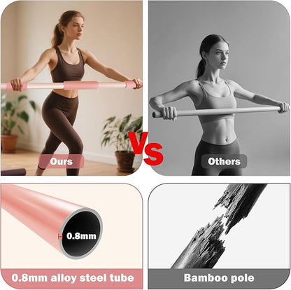 Pink Yoga Stick 58 Inch - Alloy Steel Stretching & Exercise Stick with Neck & Hand Pads, Shoulder Flexibility Tool for Yoga, Pilates & Home Gym Workouts