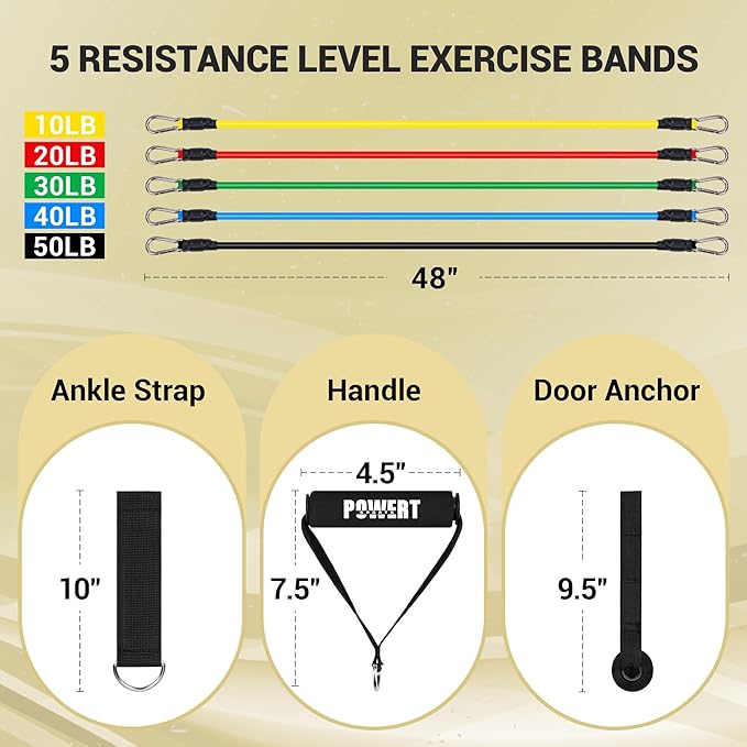 POWERT Resistance Bands Set (11pcs), Workout Bands with Handles, Door Anchor, Ankle Straps and Carry Bag, Exercise Bands, Portable Set, Good for Home Gym Fitness,Sports, Physical Therapy