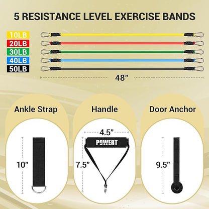 POWERT Resistance Bands Set (11pcs), Workout Bands with Handles, Door Anchor, Ankle Straps and Carry Bag, Exercise Bands, Portable Set, Good for Home Gym Fitness,Sports, Physical Therapy