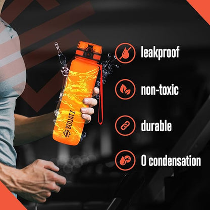SQUATZ 34 Oz Poseidon Series Frosted Water Bottle - Premium Quality Wide Mouth Gym Flask with Fruit Infuser Strainer, Fixed Carrying Strap, Leak Resistance, and Zero Condensation Orange