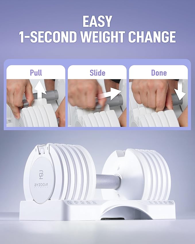 BYZOOM FITNESS Pure Series Adjustable Dumbbell - 12.5/25/27.5/75lb - ONE UNIT OR PAIR(check QTY before purchase) - 5-in-1/ 10-in-1 / 21-in-1 Flexible Hand Weights for Home Gym, Strength Training & Fitness Workouts, White OR Black