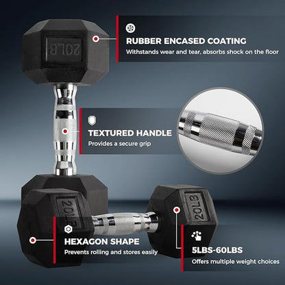 RitFit 250LB/300LB/350LB/550LB/650LB Rubber Hex Dumbbell Sets with Weights Rack, Multiple Color Choices Available, Great Gym Equipment for Home, Strength Training, Workouts