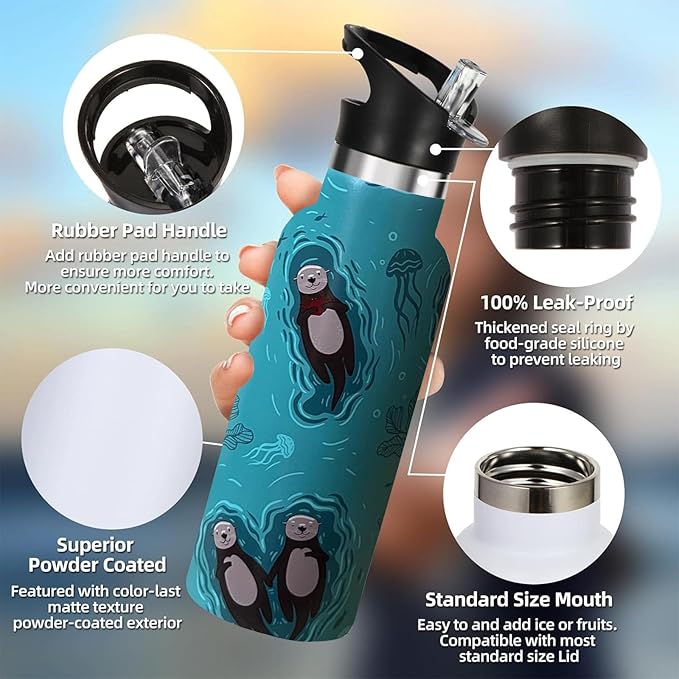 Sea Otter Sport Water Bottle with Straw, Vacuum Insulated Stainless Steel Drinking Travel Mug Cups For Gym Fitness Camping-20oz/600ml