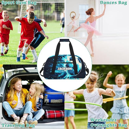 Personalized Soccer Gym Duffel Bags for Kids Boys with Custom Name Sport Training Travel Bags for Overnight Weekender, Black Cyan