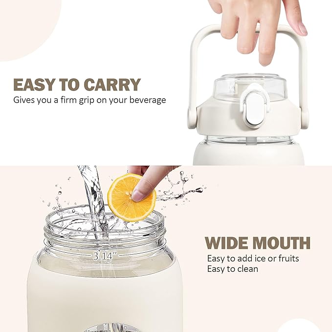kytffu 64oz Glass Water Bottles with Straw, Half Gallon Motivational Glass Bottle with Silicone Sleeve and Time Marker, 2L Leakproof Large Glass Water Jug for Gym Home Office,White