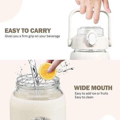 kytffu 64oz Glass Water Bottles with Straw, Half Gallon Motivational Glass Bottle with Silicone Sleeve and Time Marker, 2L Leakproof Large Glass Water Jug for Gym Home Office,White