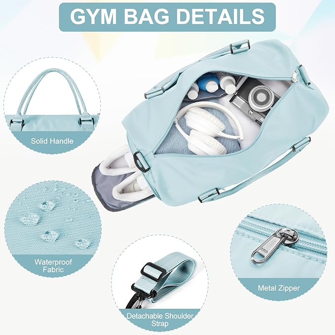 Gym Bag for Women with Shoes Compartment,Small Travel Duffel Bag with Toiletry Bags Sport Tote Overnight Weekender Carry on Personal Item Bags for Airlines Ligh Blue