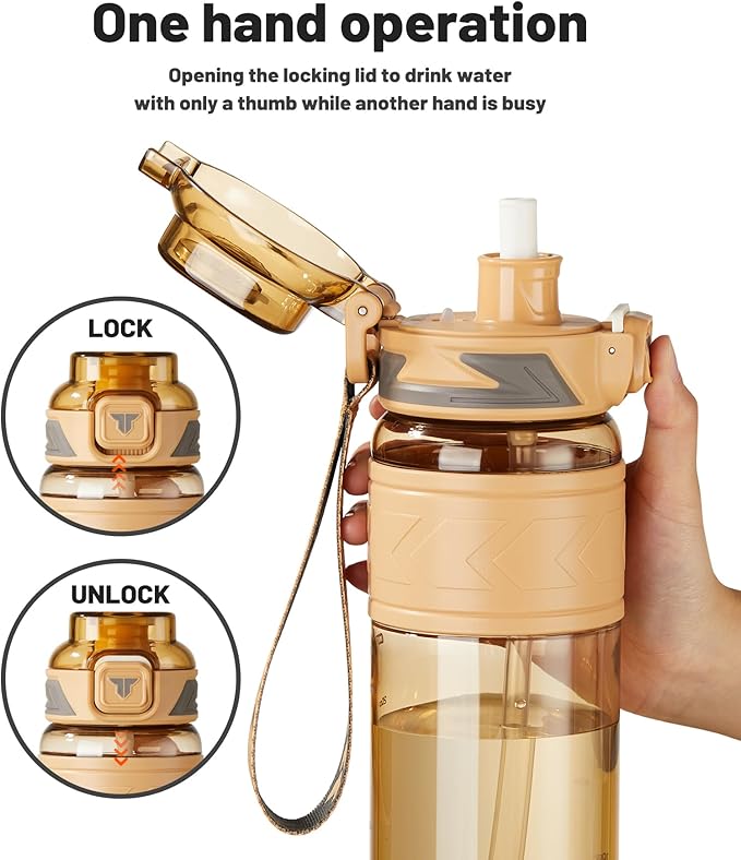TKK Sports Water Bottles with Removable Straw 34 oz Leak-proof Flip Top Lid BPA Free Tritan Bottle with Strap for School, Fitness, Gym, Outdoor, Soft Orange