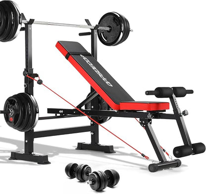 Weight Bench Set with Squat Rack, OPPSDECOR 6 in 1 600lbs Bench Press Set With Removable Leg Catch, Adjustable Incline Flat Decline Sit Up Workout Bench, Full Body Strength Training for Home Gym -