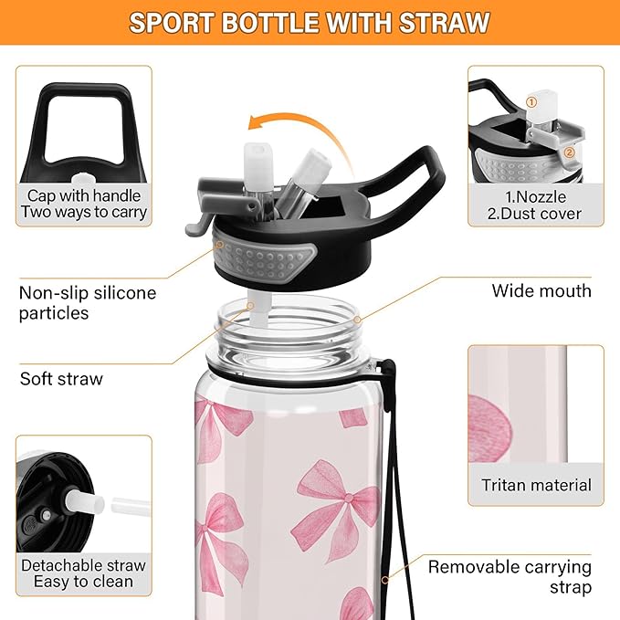 Burbuja Pink Bow 32 oz Water Bottle with Straw Lid, Leakproof & BPA Free Tritan Bottle for Gym Fitness Outdoor Sports