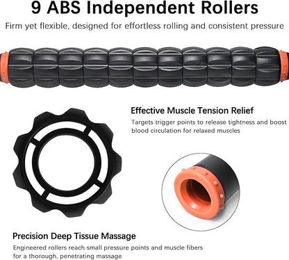 Muscle Roller Massage Roller Stick- Deep Tissue Fascia Blaster for Myofascial Pain Relief, Lymphatic Drainage & Body Sculpting, Handheld Physical Therapy & Recovery Tool (Orange black-18 inch)