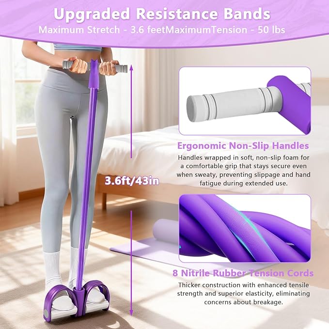 8-Tubes Pedal Resistance Band with Handle, Multifunction Exercise Rope for Working Out, Foot Pedal Resistance Band for Abdomen, Waist, Arm, Leg, Pink