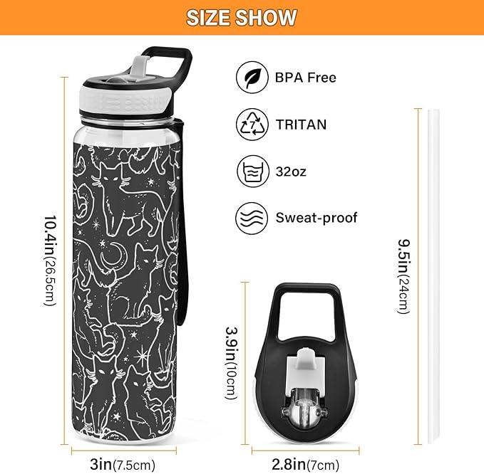 Burbuja Magical Black Cats 32 oz Water Bottle with Straw Lid, Leakproof & BPA Free Tritan Bottle for Gym Fitness Outdoor Sports
