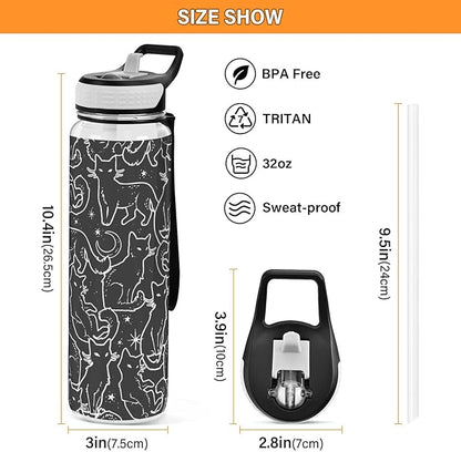 Burbuja Magical Black Cats 32 oz Water Bottle with Straw Lid, Leakproof & BPA Free Tritan Bottle for Gym Fitness Outdoor Sports