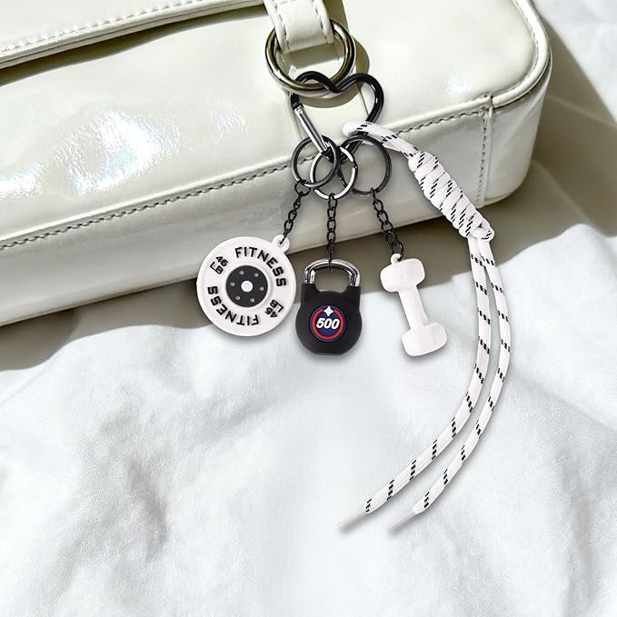 2pcs Gym Keychain Set, Fitness Keychain Charms with Dumbbell Kettlebell & Barbell Plate Cute Gym Accessories for Women Men Motivational Gift (White/Black)