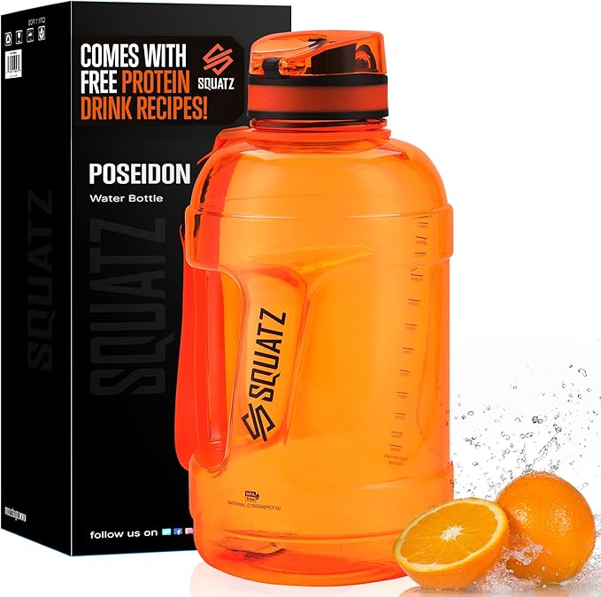 SQUATZ 78 Oz Poseidon Series Sports Water Bottle - Premium Quality Big Volume Wide Mouth protein Shake Gym Flask, Fixed Buckle Carrying Strap, Leak Resistance, Zero Condensation Sleeve,Orange
