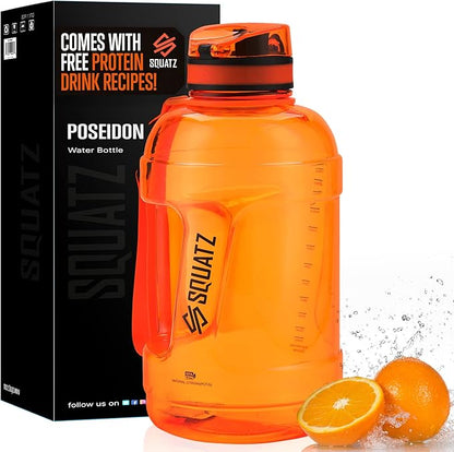 SQUATZ 78 Oz Poseidon Series Sports Water Bottle - Premium Quality Big Volume Wide Mouth protein Shake Gym Flask, Fixed Buckle Carrying Strap, Leak Resistance, Zero Condensation Sleeve,Orange