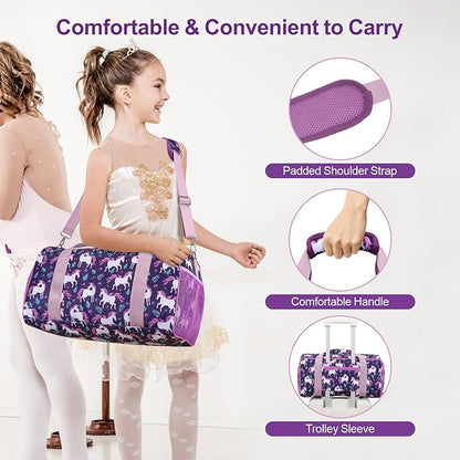 Bagseri Dance Bag for Girls - Kids Duffle with Shoe Compartment, Gymnastics Tote for Sleepover Travel with Water Resistant Wet Pocket (Deep Purple Unicorn)