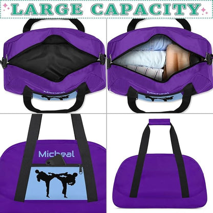 Personalized Martial Art Bag Duffel Bag for Boys Girls, Custom Taekwondo Karate Bag for Travel Weekender Practice Blue Purple