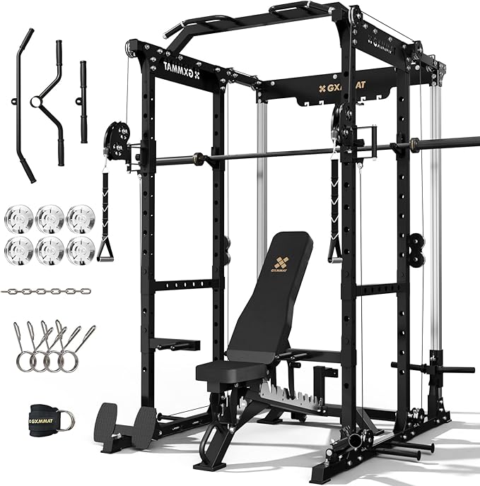 Gxmmat X6 Power Cage, 2200LB Multi-Function Power Rack with Independent Dual Aluminum Pulley System, Squat Rack for Home Gym Strength Training Equipment, Heavy-Duty Steel Construction