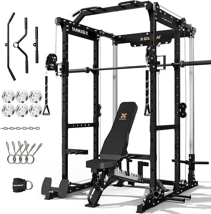 Gxmmat X6 Power Cage, 2200LB Multi-Function Power Rack with Independent Dual Aluminum Pulley System, Squat Rack for Home Gym Strength Training Equipment, Heavy-Duty Steel Construction