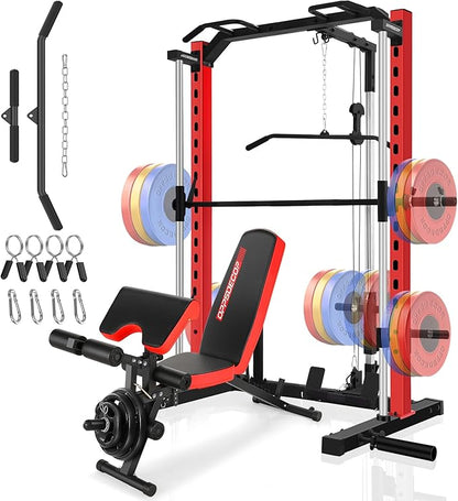 OPPSDECOR Smith Machine Power Rack for Home Gym - All-in-One Power Cage Squat Rack with LAT Pulldown, Cable Machine & Barbell Bar - Multi-Functional Strength Training Equipment
