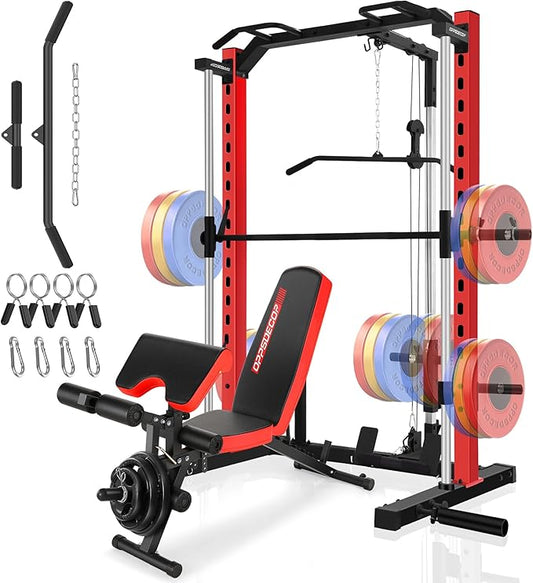 OPPSDECOR Smith Machine Power Rack for Home Gym - All-in-One Power Cage Squat Rack with LAT Pulldown, Cable Machine & Barbell Bar - Multi-Functional Strength Training Equipment