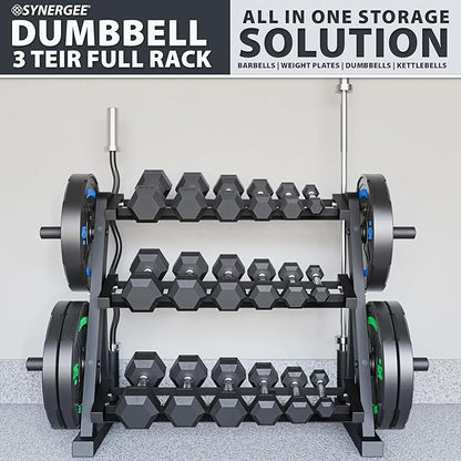 Synergee 3-Tier Dumbbell Storage Rack with 2 Barbell Holders and 4 Weight Plate Pegs, Featuring 2-Tier Dumbbell Storage and 3rd Tier for Kettlebell Storage – Accommodates 1" and 2" Plates – All-in-One