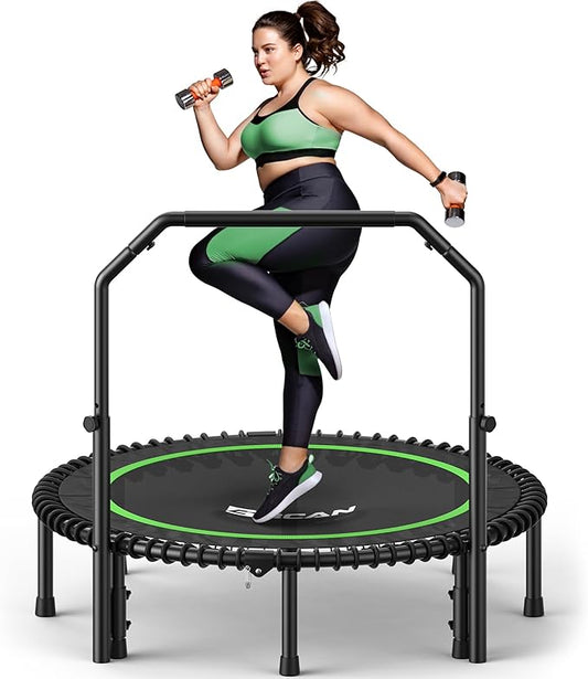 BCAN BT2 450/550LBS Mini Rebounder Trampoline for Adults with Bar, Fitness Trampoline with Bungees, Adjustable Handle, Stable & Quiet, Indoor Outdoor, Whole-Body Workout & Relaxation at Home-40IN/48IN