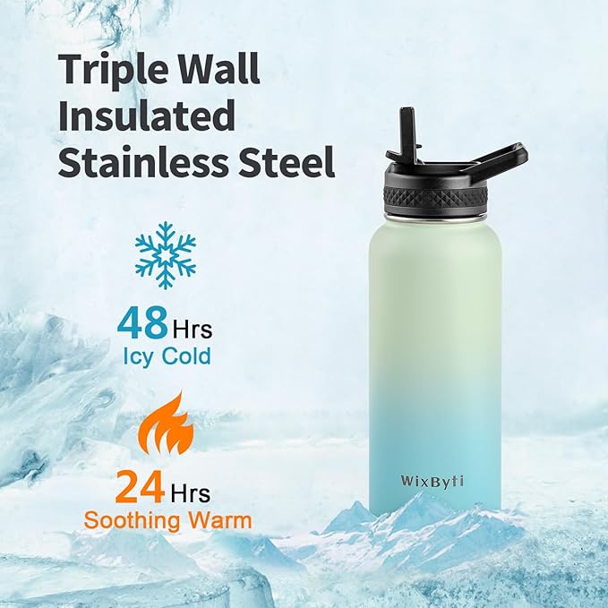 32 oz Insulated Water Bottle with Straw, Stainless Steel Triple Wall Vacuum Sports Water Jug, Leakproof Hydro Cup Flask with Paracord Handle & Straw Spout Lids & DIY Stickers