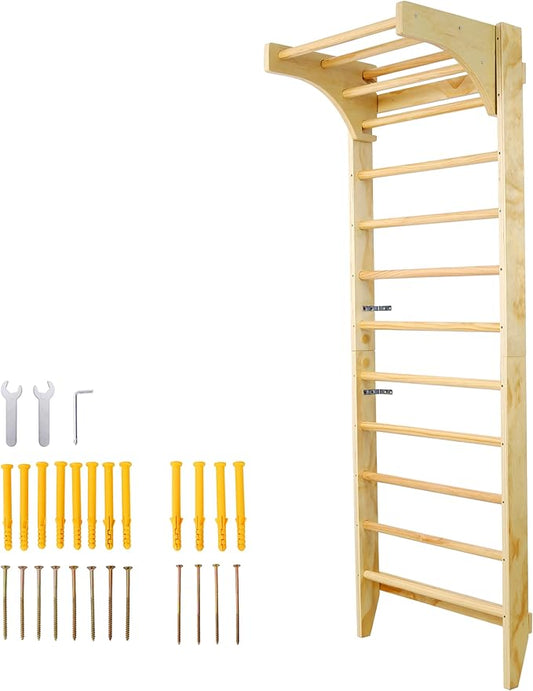 Adjustable Swedish Stall Bars & Pull-Up Bar for Home Gym, Physical Therapy - Heavy-Duty Beech/Pine Wood, Space-Saving Wall-Mounted Design