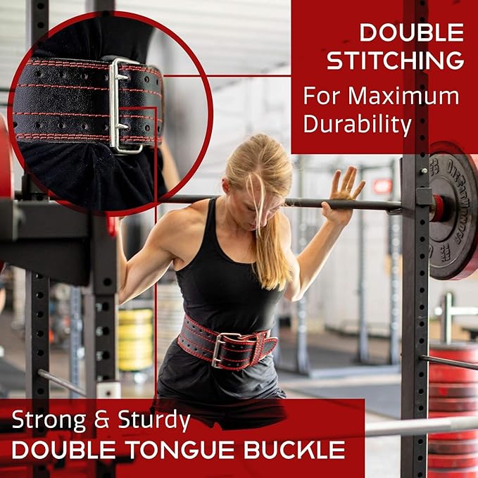 Dark Iron Fitness Genuine Leather Weightlifting Belt, 4 Inch Wide for Men Women with Double Prong Buckle Reinforced Stitching, Powerlifting Deadlift Squat Training Core Support Gym Strength Workout