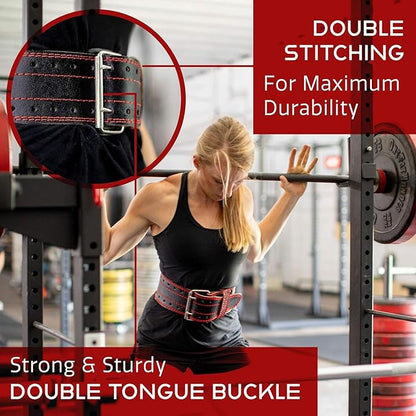 Dark Iron Fitness Genuine Leather Weightlifting Belt, 4 Inch Wide for Men Women with Double Prong Buckle Reinforced Stitching, Powerlifting Deadlift Squat Training Core Support Gym Strength Workout