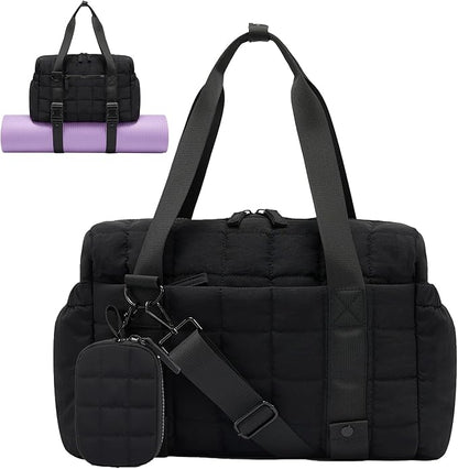 Small Gym Bag for Women, Puffy Sports Duffel Bag with Yoga Mat Holder, Gym Tote Bag with Wet Pocket & Coin Wallet, Carry on Bag for Workout Dance Pilates Ballet Swimming Travel