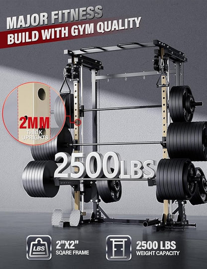 MAJOR FITNESS Drone3 Smith Machine, 2500lbs All-in-One Home Gym Power Rack with Dual Pulley System for Cable Crossover, Pull-Up Bars