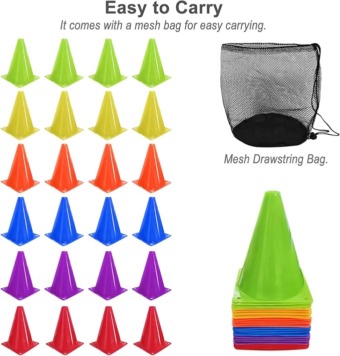 Soccer Cones for Sports Training: Soccer Cones Training Agility Field Marker for Skating Basketball Football Practice Indoor Outdoor 7 Inch 24 Pack Activity Obstacle Course 6 Colors