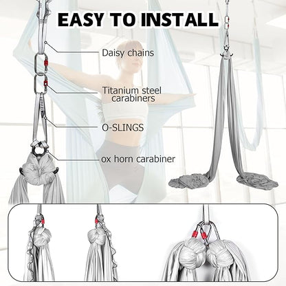 Aerial Silks Kit & Aerial Yoga Hammock - 11Yd Premium Fabric with Hardware - Easy Setup for Flying Yoga, Aerial Swing & Fitness - Supports Up to 14ft Rigging