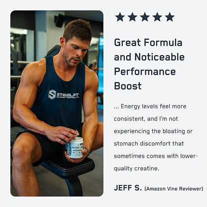 SteelFit Creatine HMB Powder - 5g Creapure Creatine Monohydrate Powder, 3g myHMB & 1000 IU Vitamin D - Workout Supplement Supports Muscle Growth, Strength, Recovery & Energy - Unflavored, 30 Servings