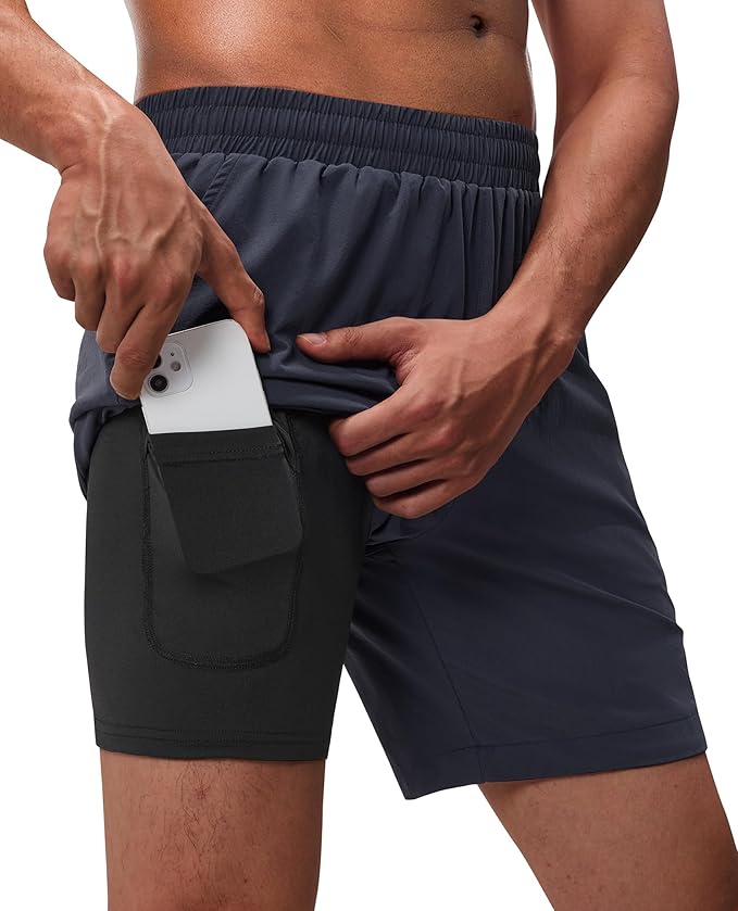 Running Shorts for Men 7 inch Inseam 2 in 1 Quick Dry Athletic Gym Workout Tennis Shorts with Phone Pockets