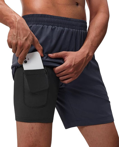 Running Shorts for Men 7 inch Inseam 2 in 1 Quick Dry Athletic Gym Workout Tennis Shorts with Phone Pockets