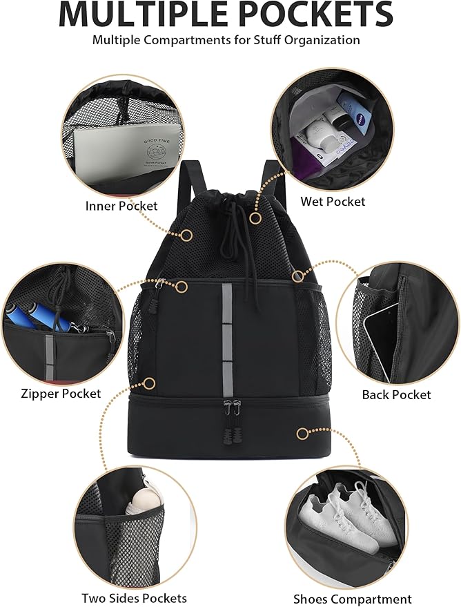 U.helper Waterproof Gym Drawstring Backpack, Sports Sack with Shoes Compartment & Wet Pockets for Ball/Beach/Swim Training