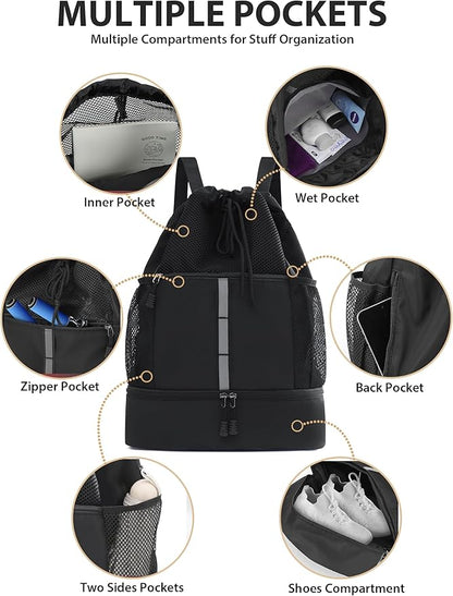U.helper Waterproof Gym Drawstring Backpack, Sports Sack with Shoes Compartment & Wet Pockets for Ball/Beach/Swim Training