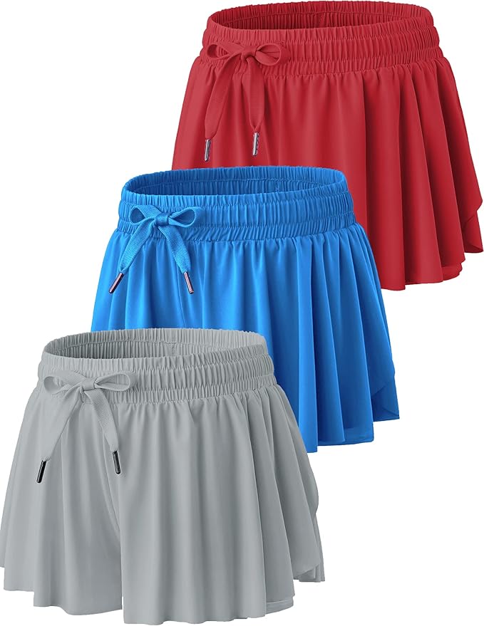 3 Pack Girls Flowy Shorts with Spandex Liner 2-in-1 Youth Butterfly Skirts for Fitness, Running, Sports