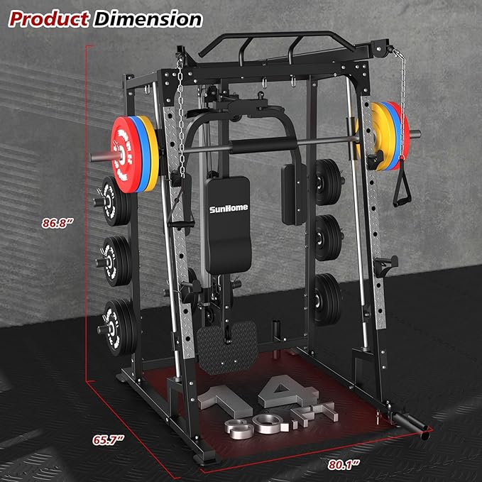 SunHome Smith Machine, Power Cage Squat Rack with Smith Bar, LAT Pull-Down Systems, Cable Crossover Machine and Cable Attachment for Home Gym
