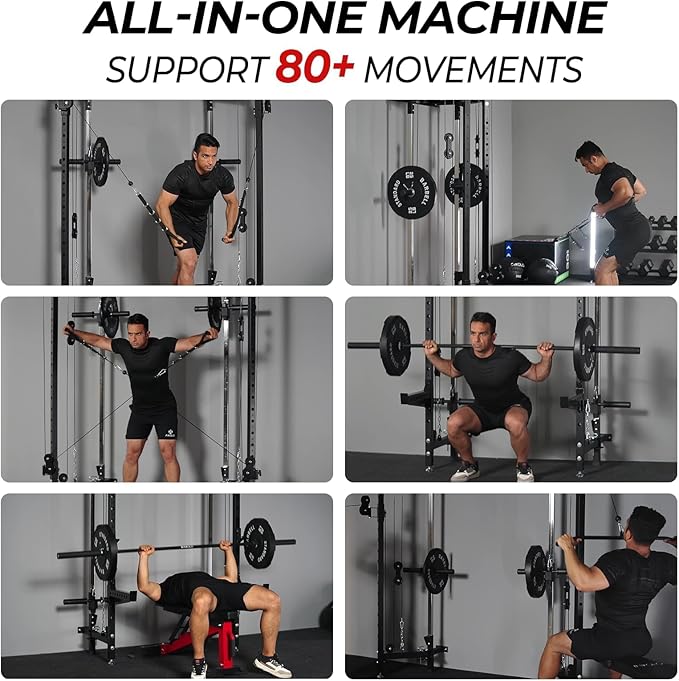 Mikolo Folding Squat Rack, Wall Mounted Power Rack with Cable Crossover Machine & LAT Pull Down, Functional Trainer with 5 Adjustable Function Modes, for Home Gym and Space Saving