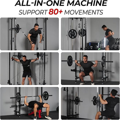 Mikolo Folding Squat Rack, Wall Mounted Power Rack with Cable Crossover Machine & LAT Pull Down, Functional Trainer with 5 Adjustable Function Modes, for Home Gym and Space Saving