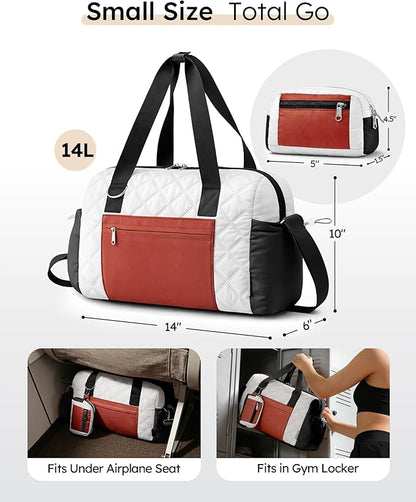 Small Gym Bag for Women, Mini Sports Duffle Bag for Workout Dance Ballet Yoga Gymnastics, Quilted Lightweight Puffer Travel Tote with Detachable Coin Purse & Wet Pocket, Beige-black-brown