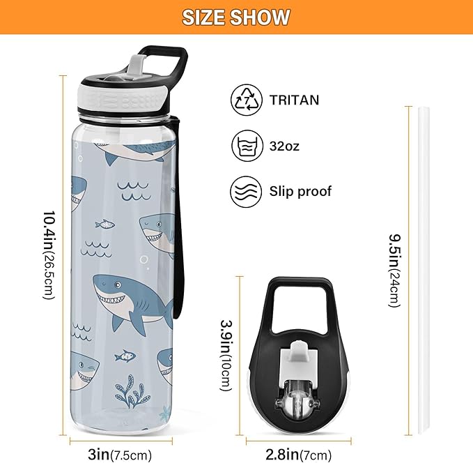 Burbuja Cute Cartoon Sharks 32 oz Water Bottle with Straw Lid, Leakproof & BPA Free Tritan Bottle for Gym Fitness Outdoor Sports
