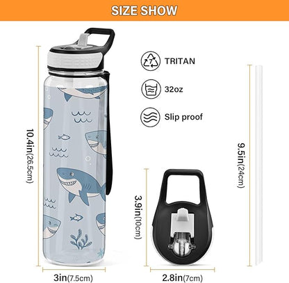 Burbuja Cute Cartoon Sharks 32 oz Water Bottle with Straw Lid, Leakproof & BPA Free Tritan Bottle for Gym Fitness Outdoor Sports